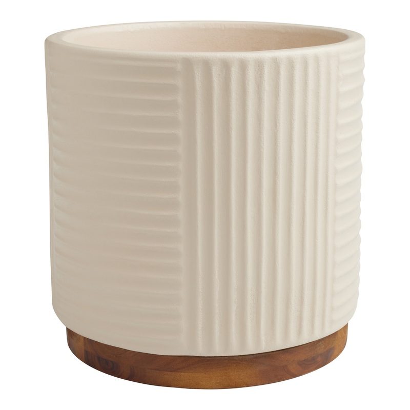 Ivory Ceramic Ribbed Planter with Wood Base