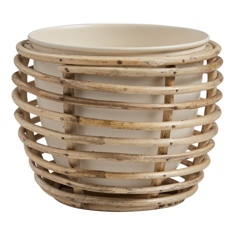 Ivory Metal Planter with Rattan Cane Stand