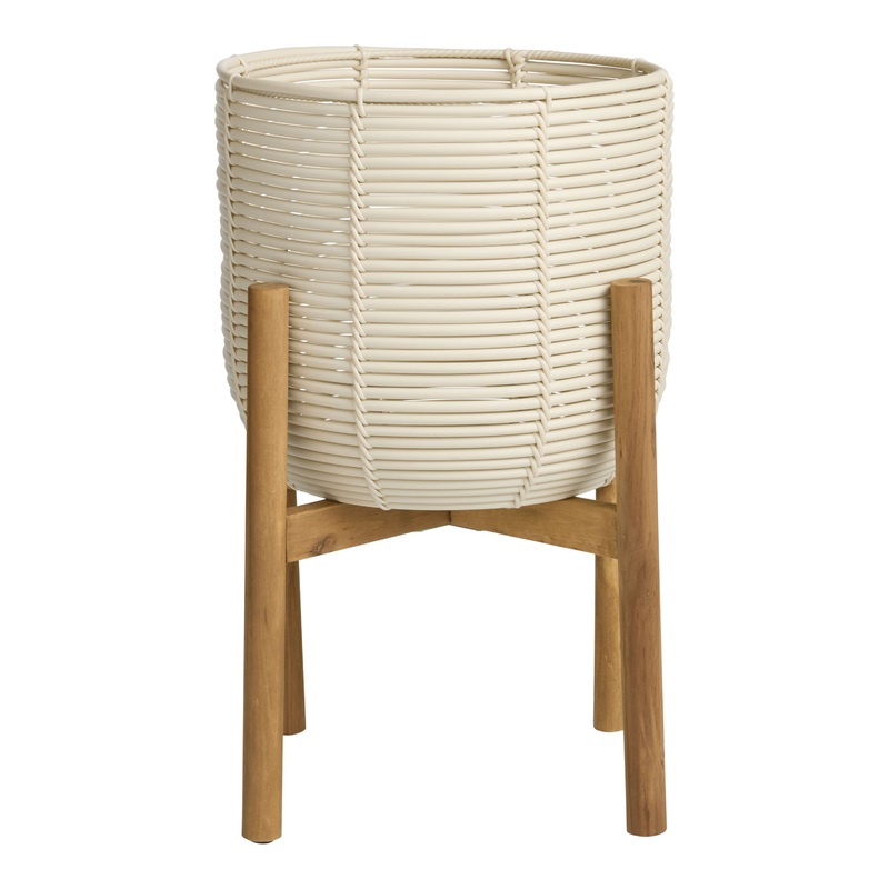 Kimora White Polyrattan Rope Planter with Wood Stand