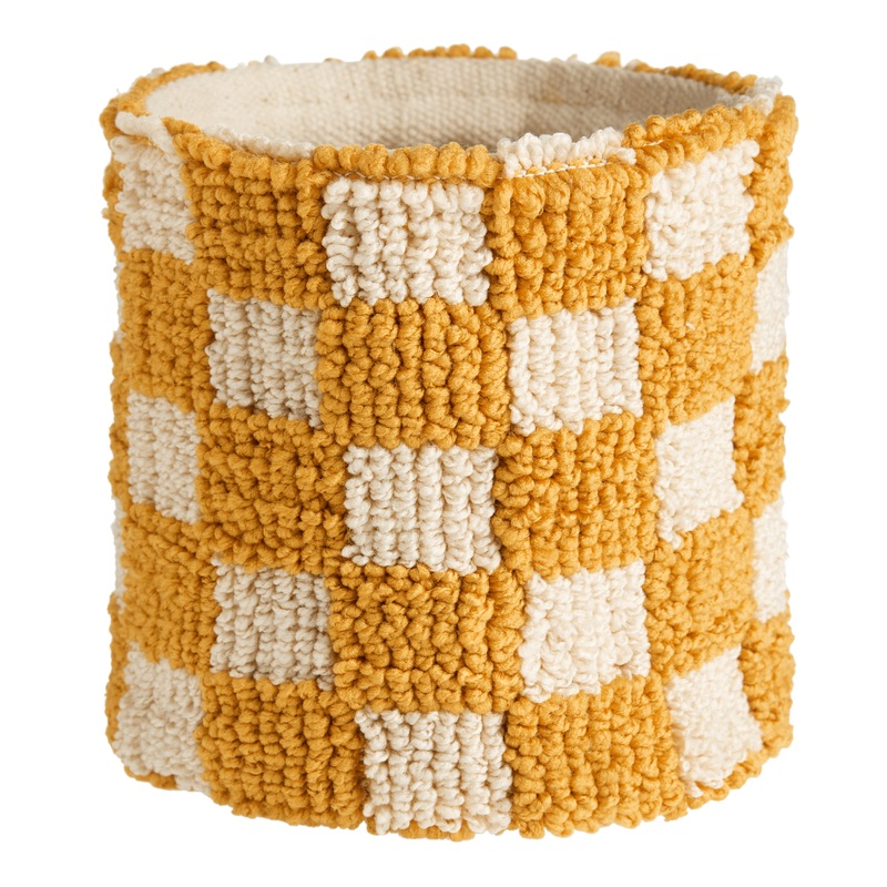 Mustard Checkered Textile Planter Pot Cover
