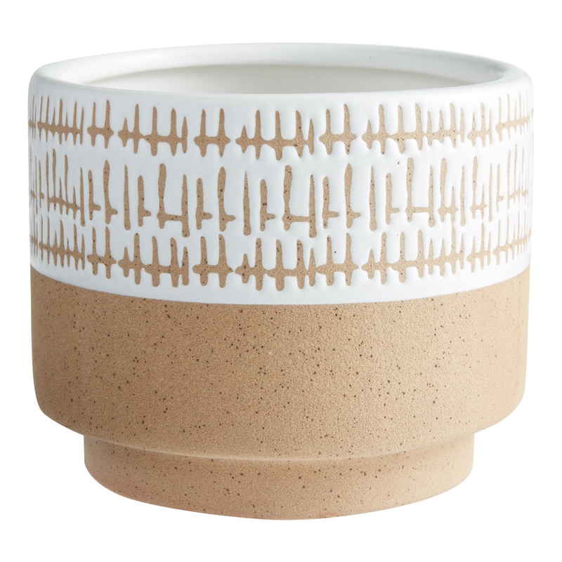 Natural and White Ceramic Abstract Scratch Planter