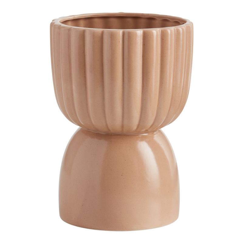 Natural Ribbed Ceramic Pedestal Planter