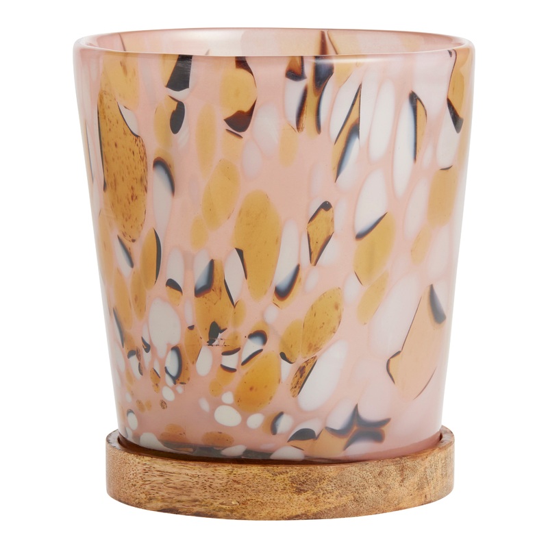 Pink Abstract Animal Print Glass Planter with Wood Base