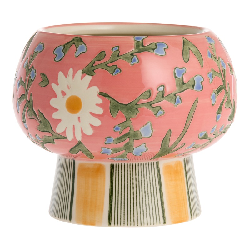 Pink Ceramic Modern Floral Pedestal Planter