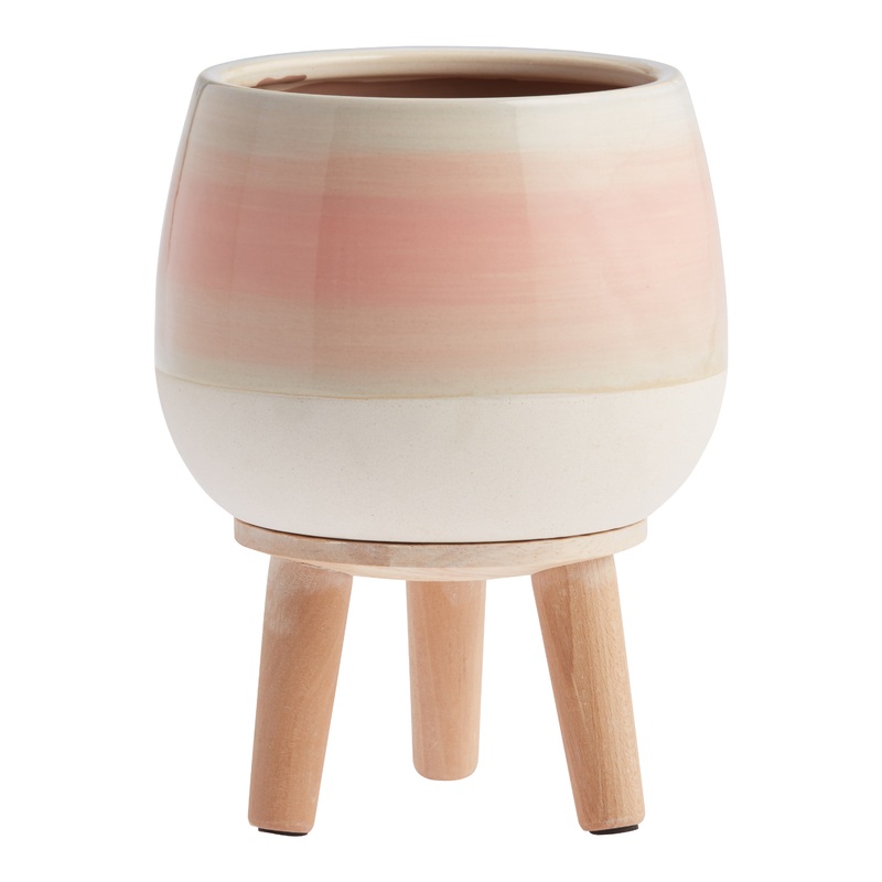 Rainbow Reactive Glaze Planter With Wood Stand