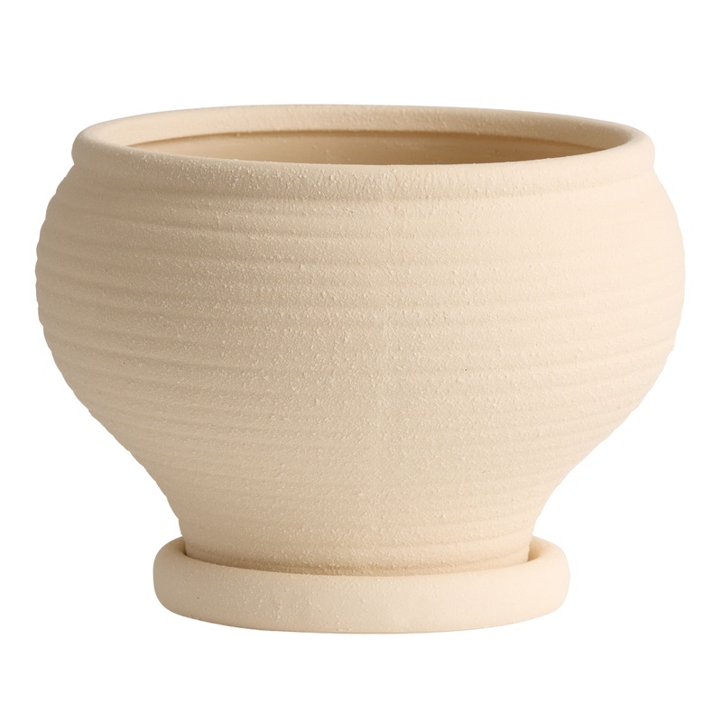Sand Ceramic Rimmed Planter with Tray
