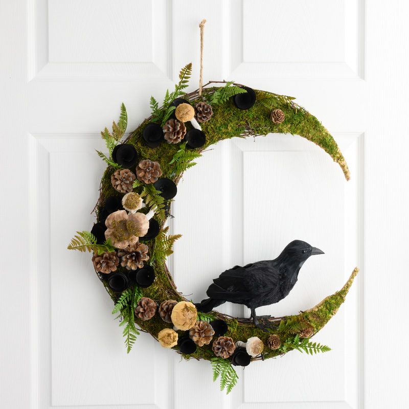 Twig Crescent Moon with Crow Wreath