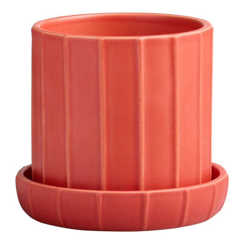 Washed Red Ceramic Modern Planter with Tray