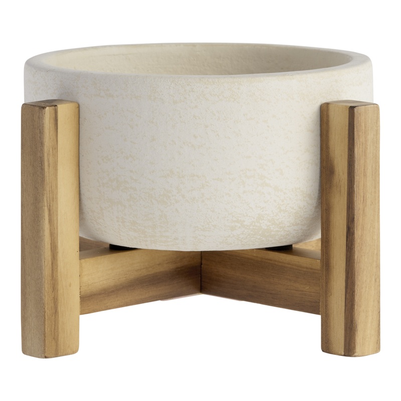 White Ceramic Planter With Wood Stand