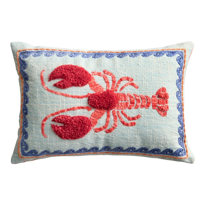 Blue and Red Lobster Embroidered Indoor Outdoor Lumbar Pillow