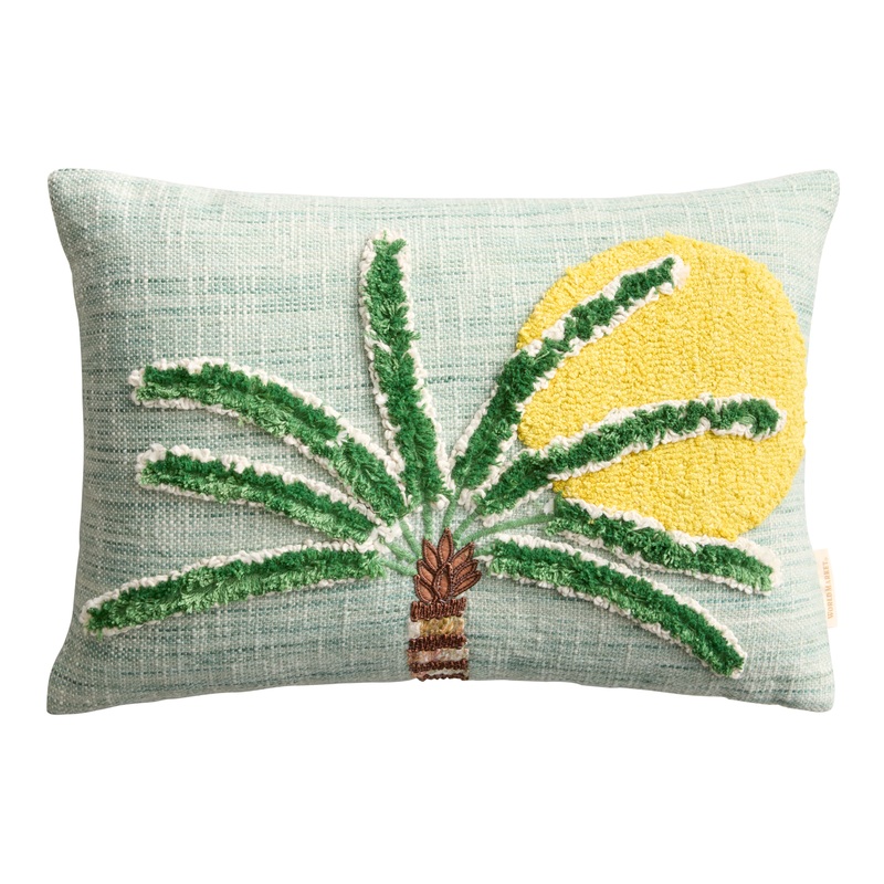 Blue Palm Tree Embroidered Indoor Outdoor Lumbar Pillow