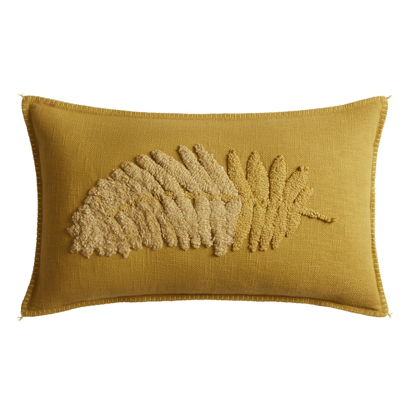 Gold Tonal Embroidered Tufted Leaf Lumbar Pillow
