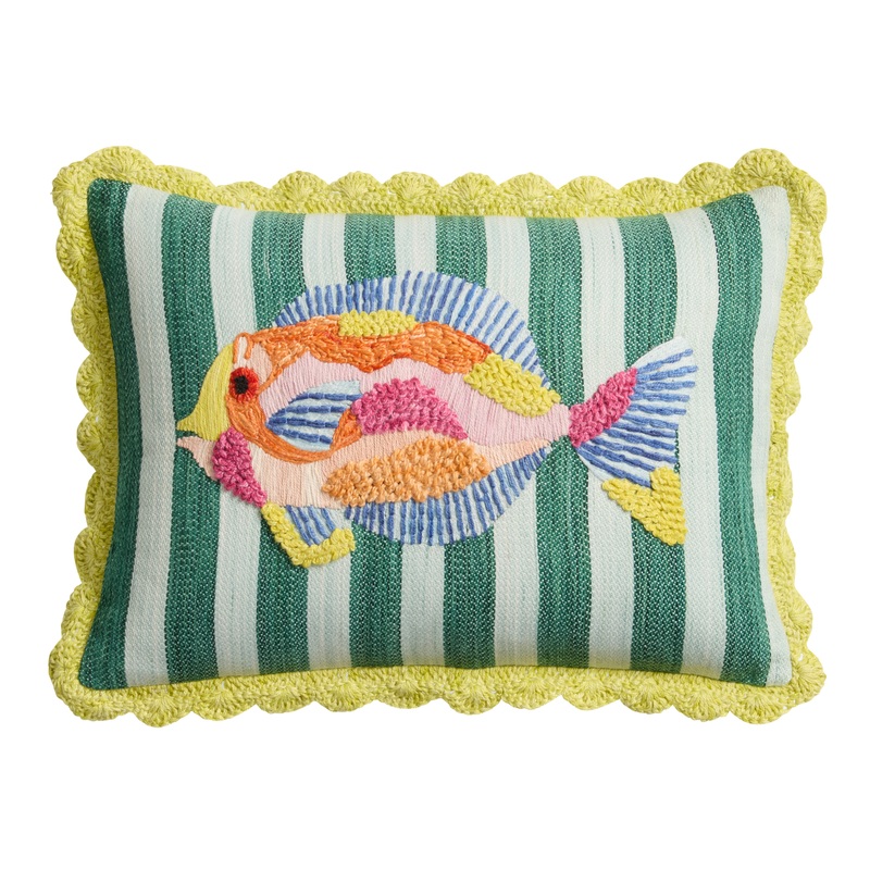 Green and Pink Fish Embroidered Indoor Outdoor Lumbar Pillow