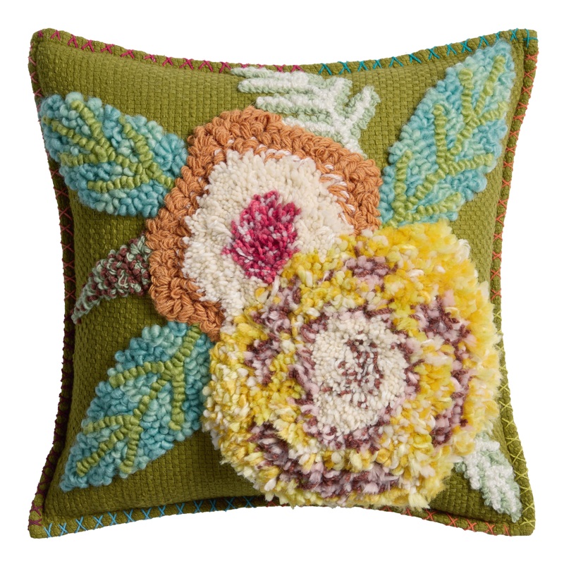 Green Overtufted Floral Throw Pillow