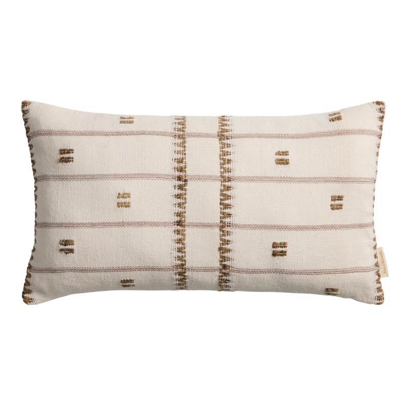 Ivory and Brown Silk Blend Squares Lumbar Pillow