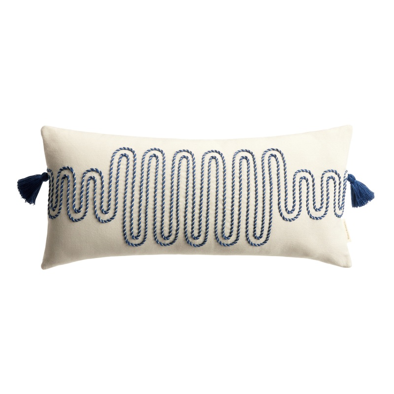Ivory and Navy Embroidered Wave Indoor Outdoor Lumbar Pillow