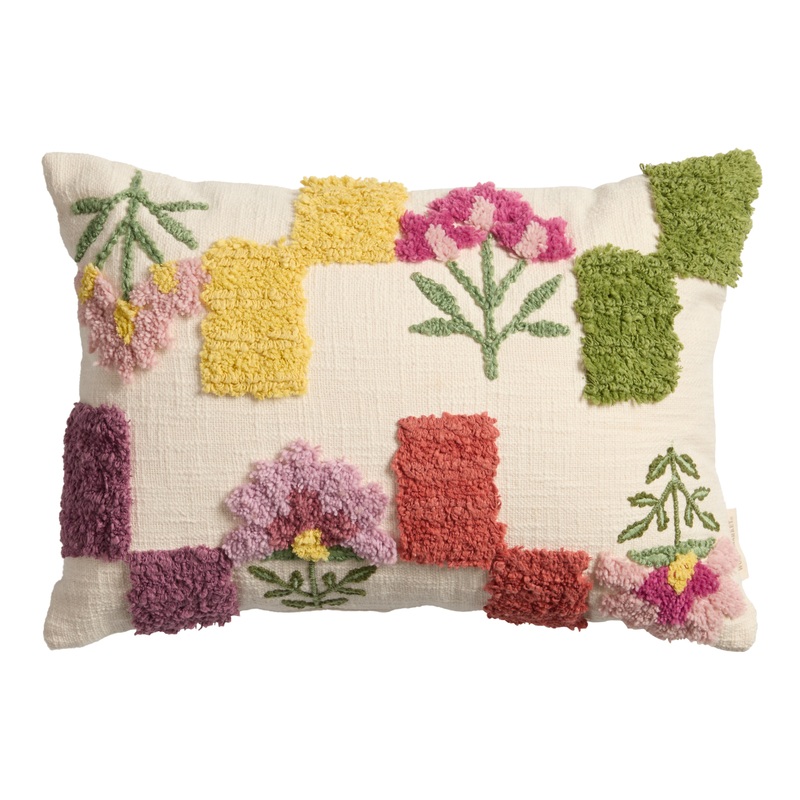 Ivory Multicolor Tufted Flower Check Lumbar Pillow
