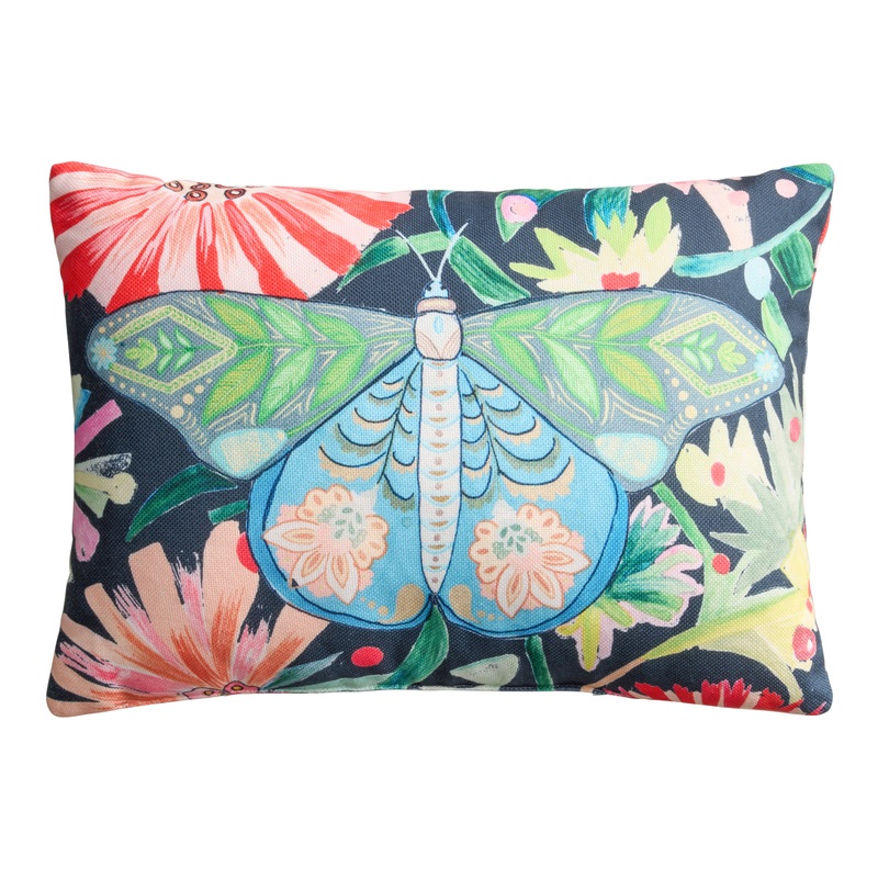 Multicolor Butterfly and Botanical Printed Lumbar Pillow