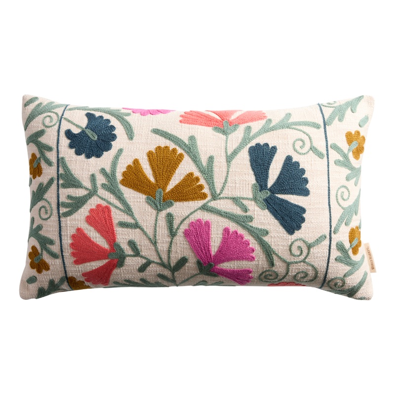 Multicolor Scrolling Flowers Embroidered Lumbar Pillow