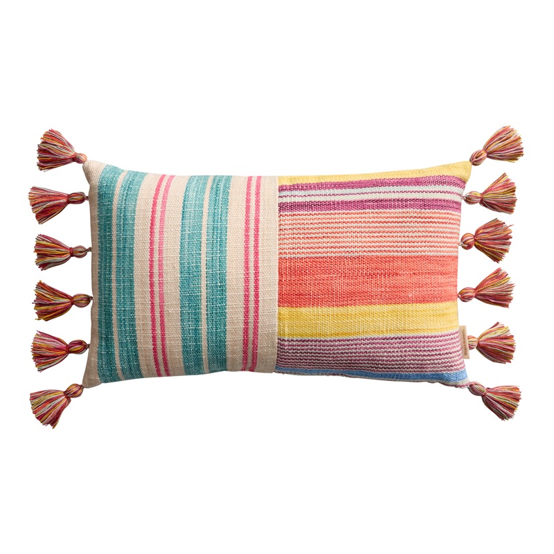 Multicolor Stripe and Tassel Indoor Outdoor Lumbar Pillow