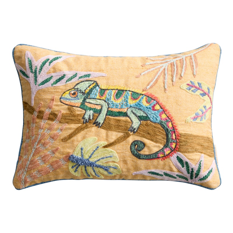 Mustard Chameleon Embroidered Indoor Outdoor Lumbar Pillow