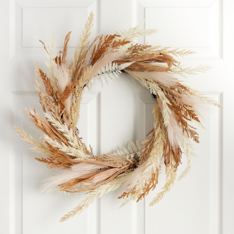 Natural Mixed Faux Grass And Floral Harvest Wreath