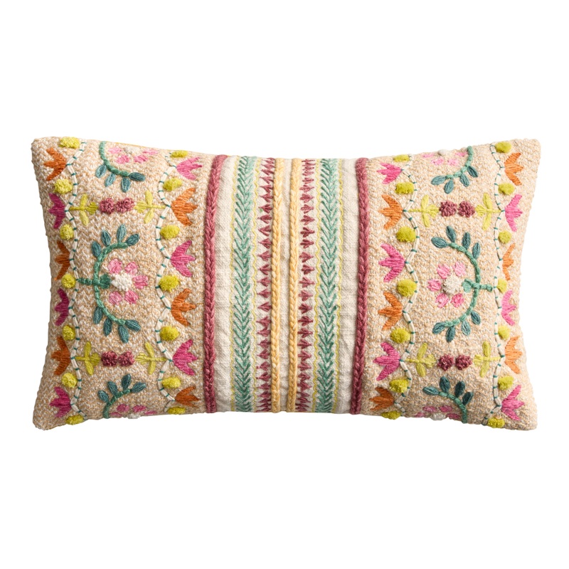 Pink Floral Stripe Embroidered Indoor Outdoor Lumbar Pillow