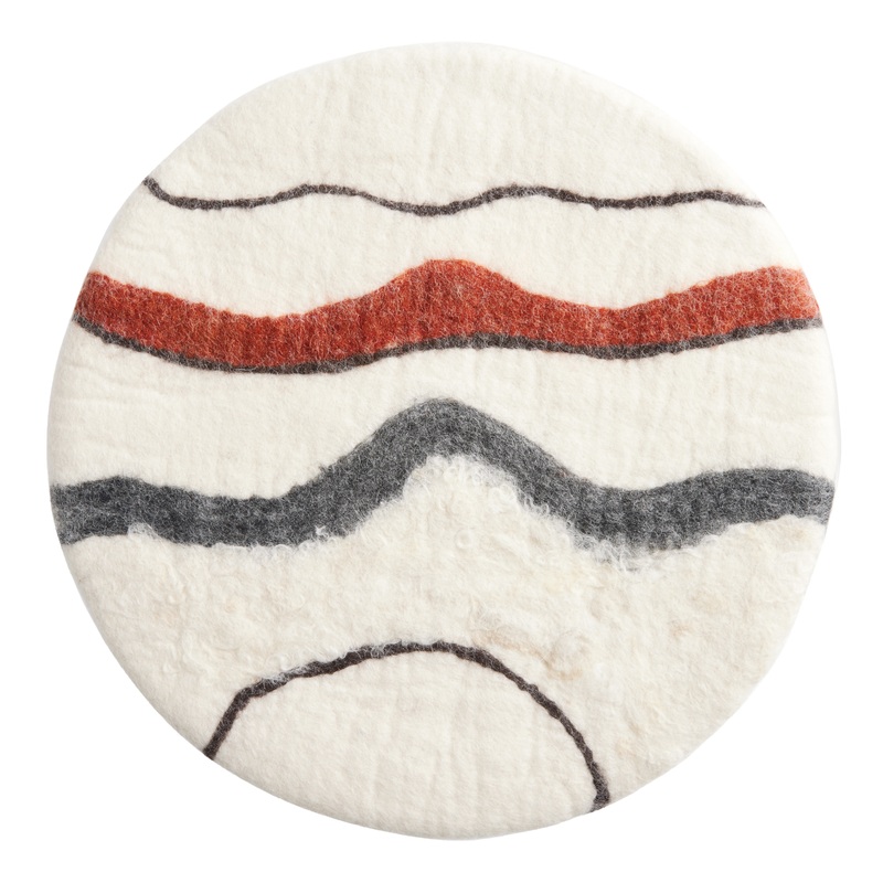 Round Ivory Felted Wool Abstract Lines Chair Pad