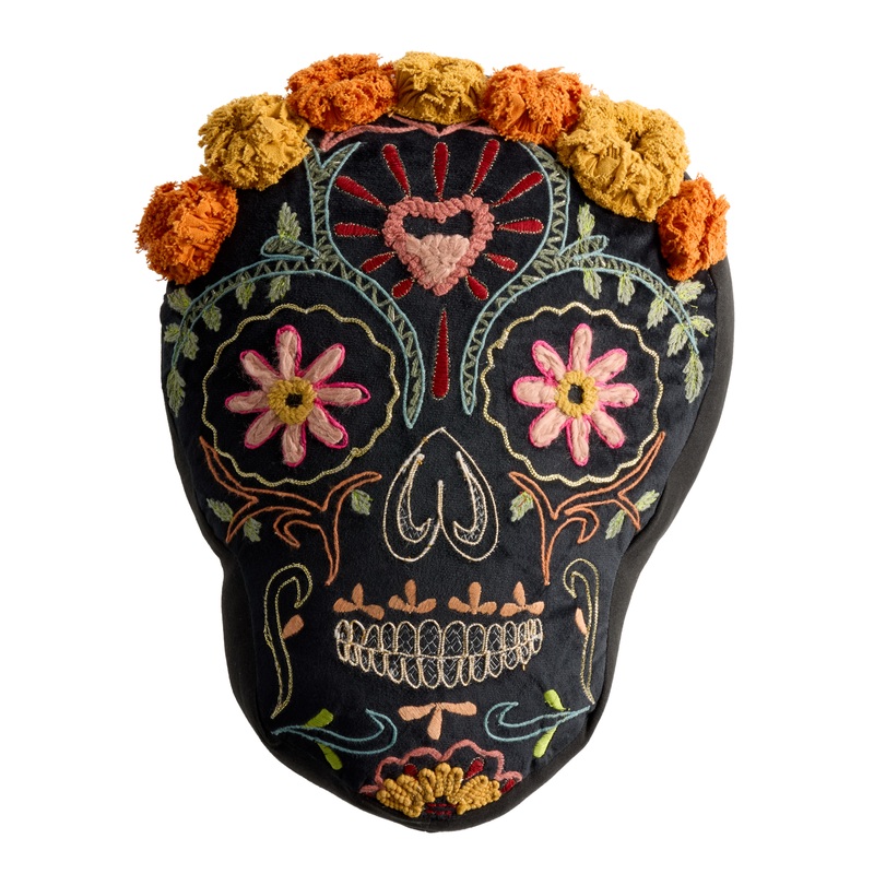 Black Multicolor Embroidered Sugar Skull Shaped Throw Pillow