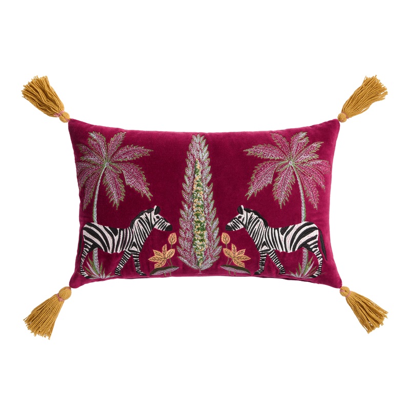 Burgundy Zebra Tassel Embroidered Lumbar Pillow