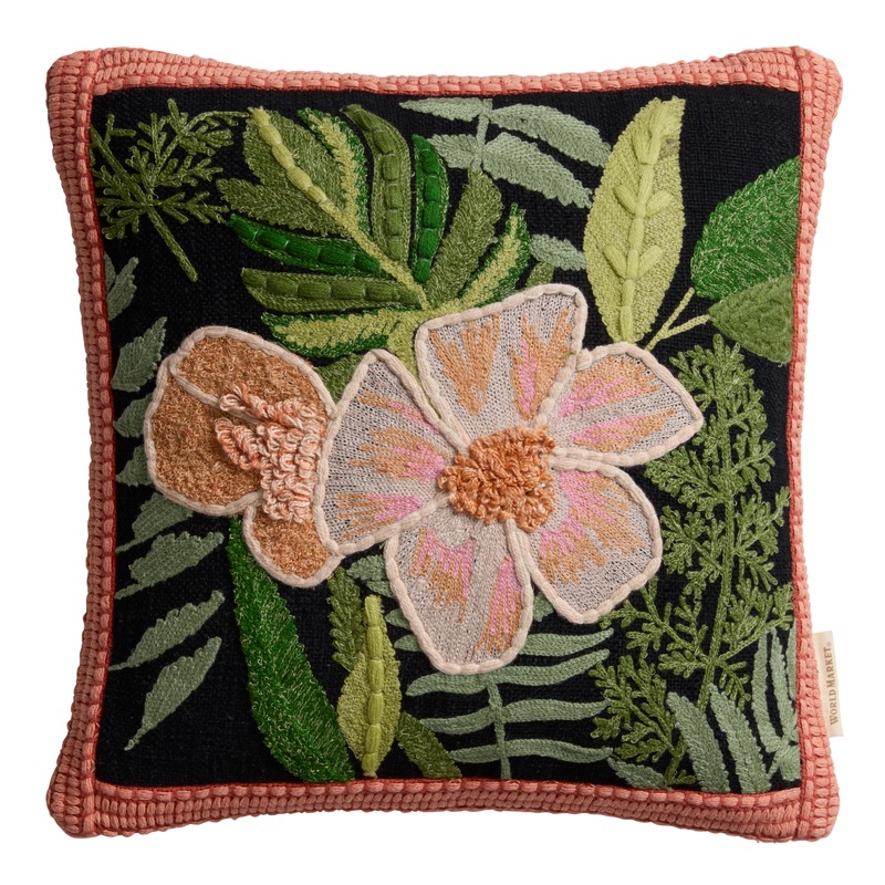 Coral and Green Embroidered Tropical Flowers Throw Pillow