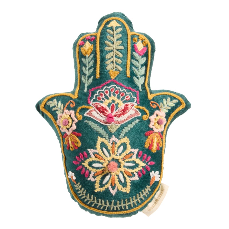 Dark Teal Multicolor Embroidered Hamsa Shaped Throw Pillow