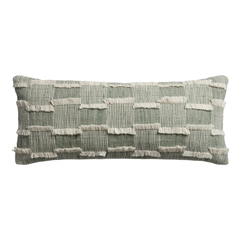 Extra Wide Sage Checked Fringe Indoor Outdoor Lumbar Pillow