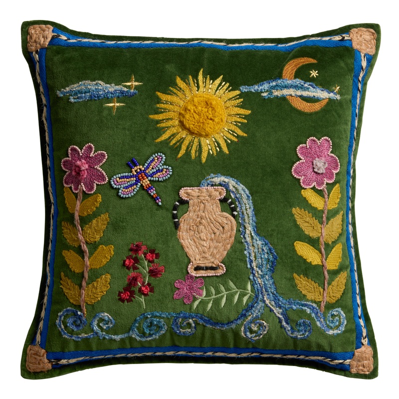 Green Embroidered Celestial Garden Throw Pillow