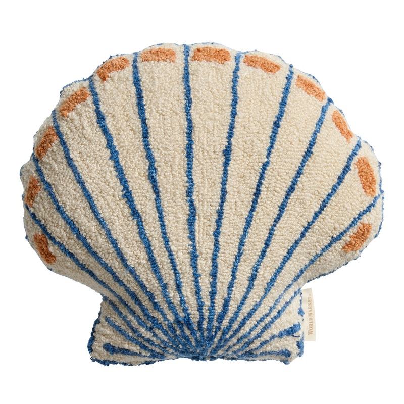 Ivory and Blue Seashell Shaped Indoor Outdoor Throw Pillow