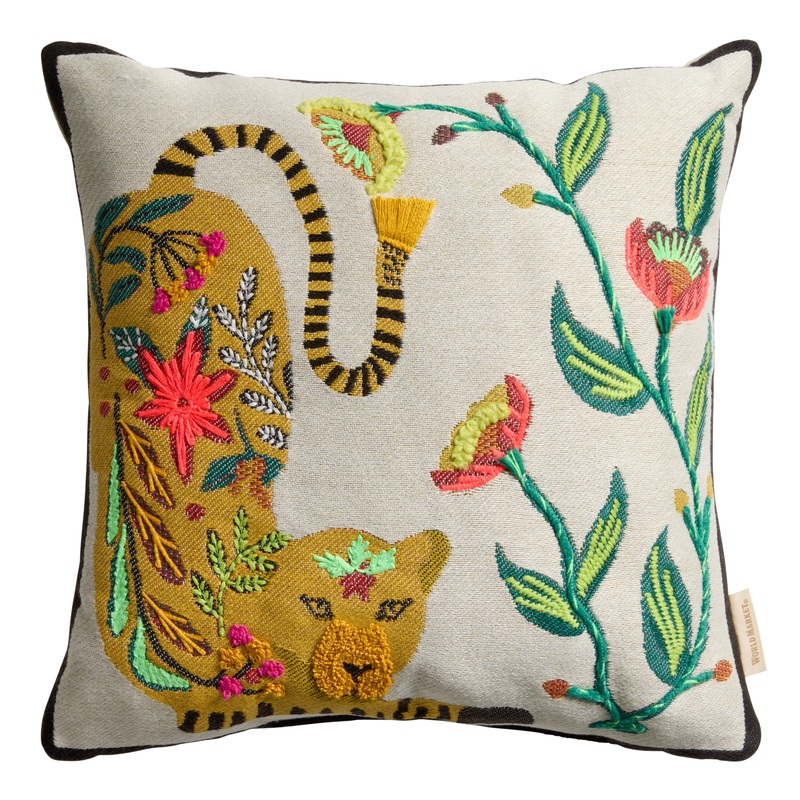 Ivory Leopard Floral Embroidered Indoor Outdoor Throw Pillow