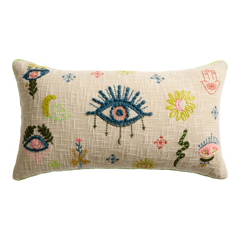 Ivory Textured Embroidered Eye Symbol Lumbar Pillow