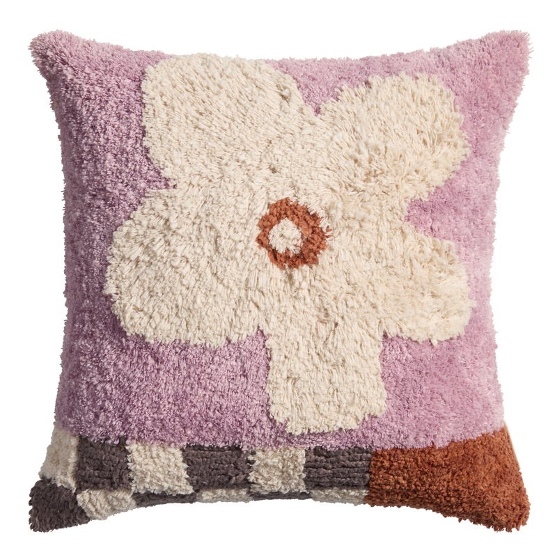 Lilac Shag Checkered Daisy Throw Pillow