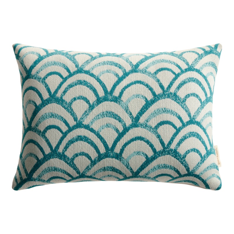 Marina Scallop Ivory and Teal Indoor Outdoor Lumbar Pillow