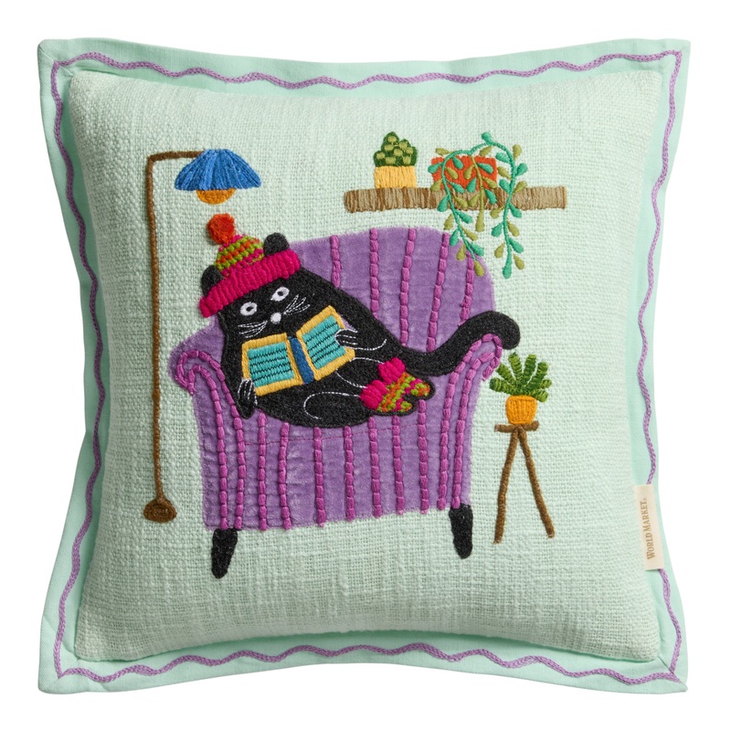 Mint Green and Purple Embroidered Reading Cat Throw Pillow