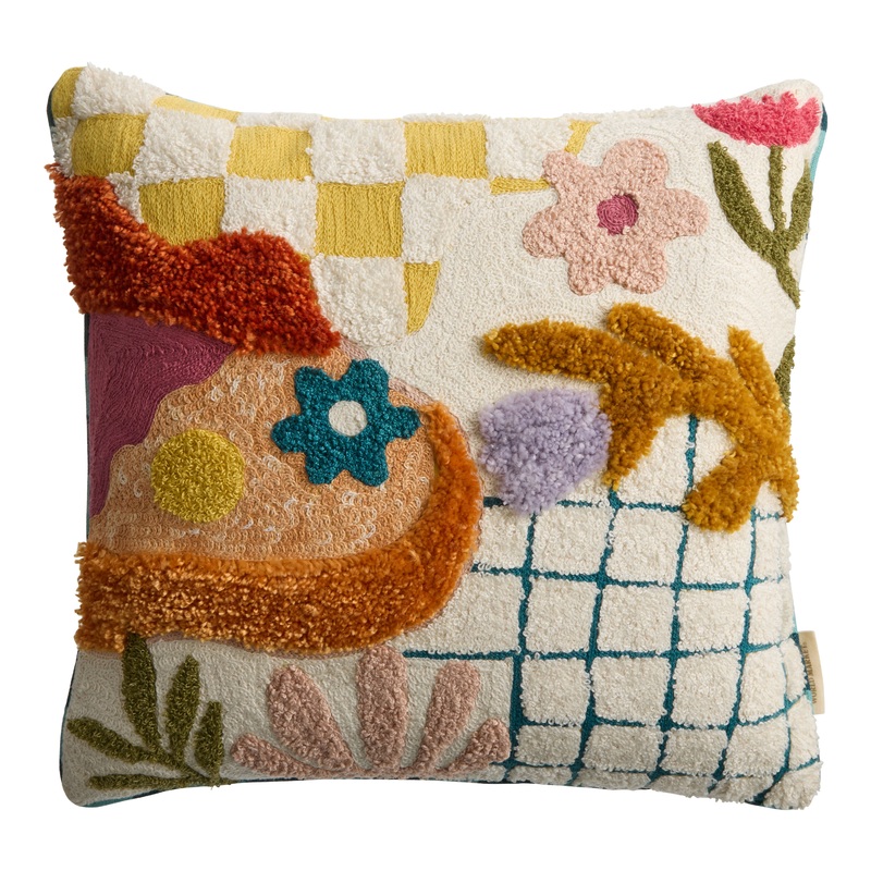 Multi Embroidered and Tufted Check Maximalist Throw Pillow