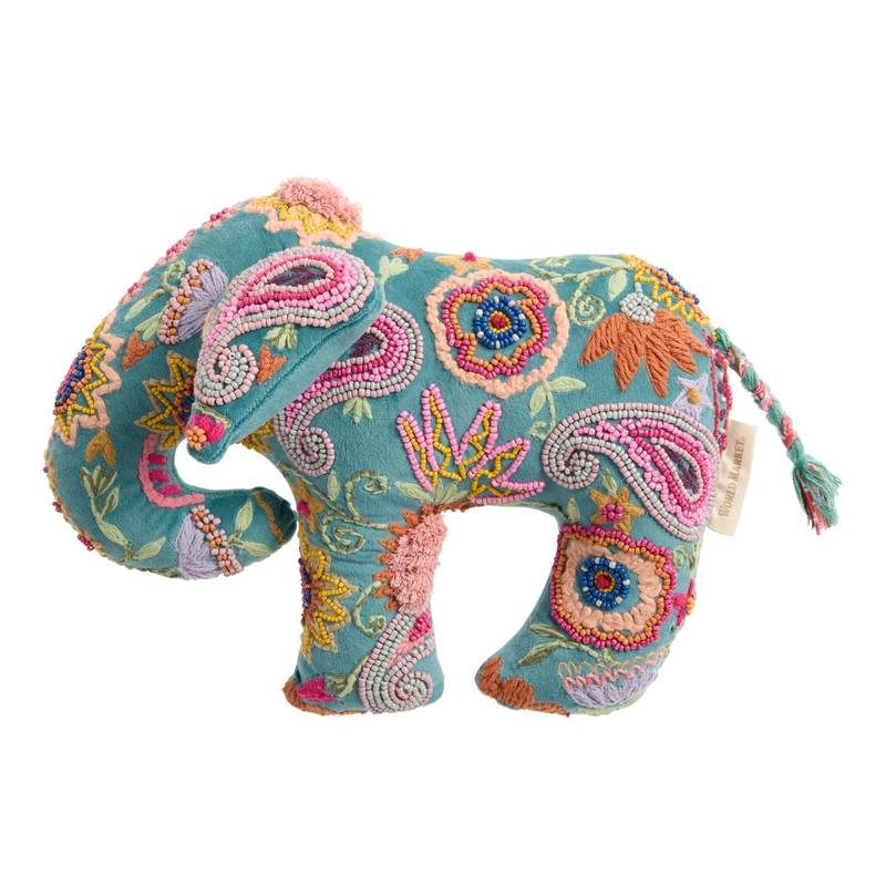 Multicolor Beaded Embroidered Elephant Shaped Throw Pillow