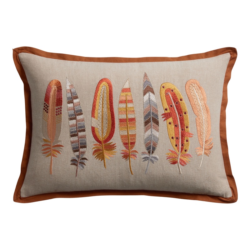 Multicolor Embroidered Feathers Lumbar Pillow