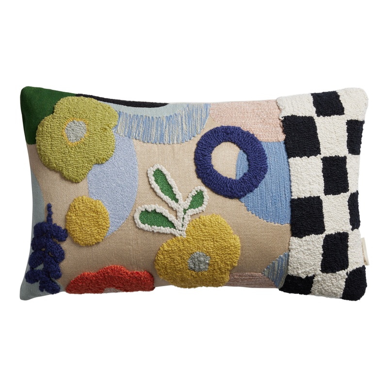 Multicolor Floral and Checkered Lumbar Pillow