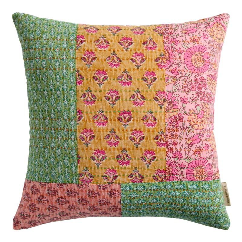 Multicolor Floral Kantha Patchwork Throw Pillow