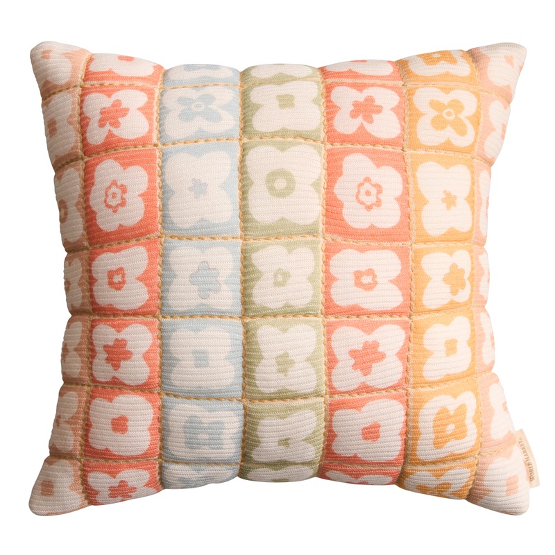 Multicolor Knit Checkered Flower Quilted Throw Pillow