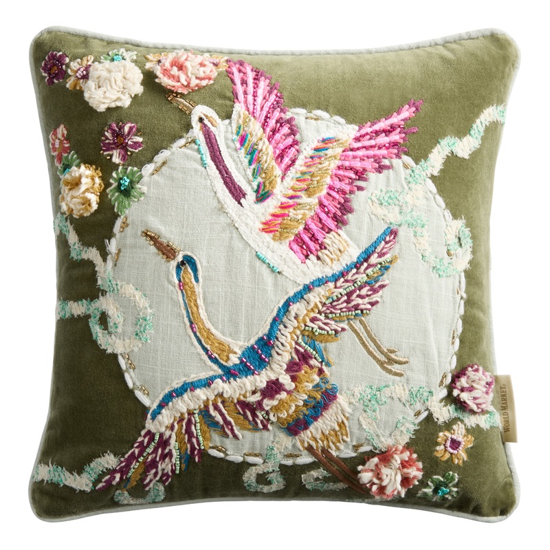 Olive Green Embroidered Cranes Throw Pillow