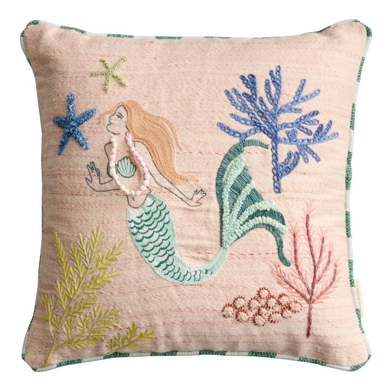 Pink Mermaid Embroidered Indoor Outdoor Throw Pillow