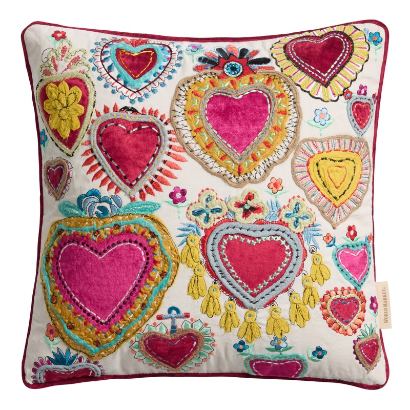 Red and Ivory Embroidered Hearts Throw Pillow
