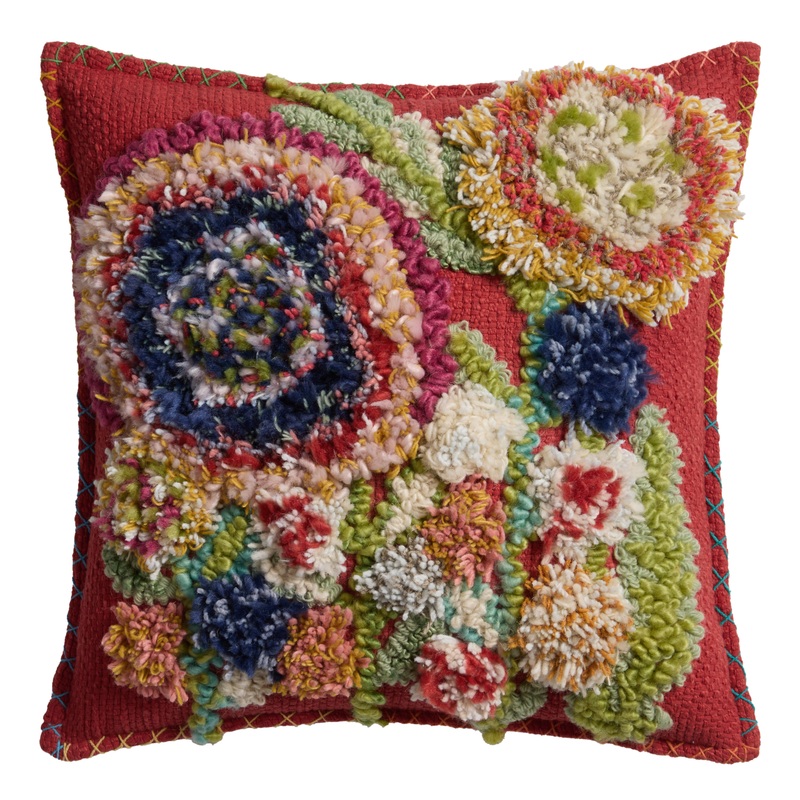Red Multicolor Maximalist Tufted Flowers Throw Pillow